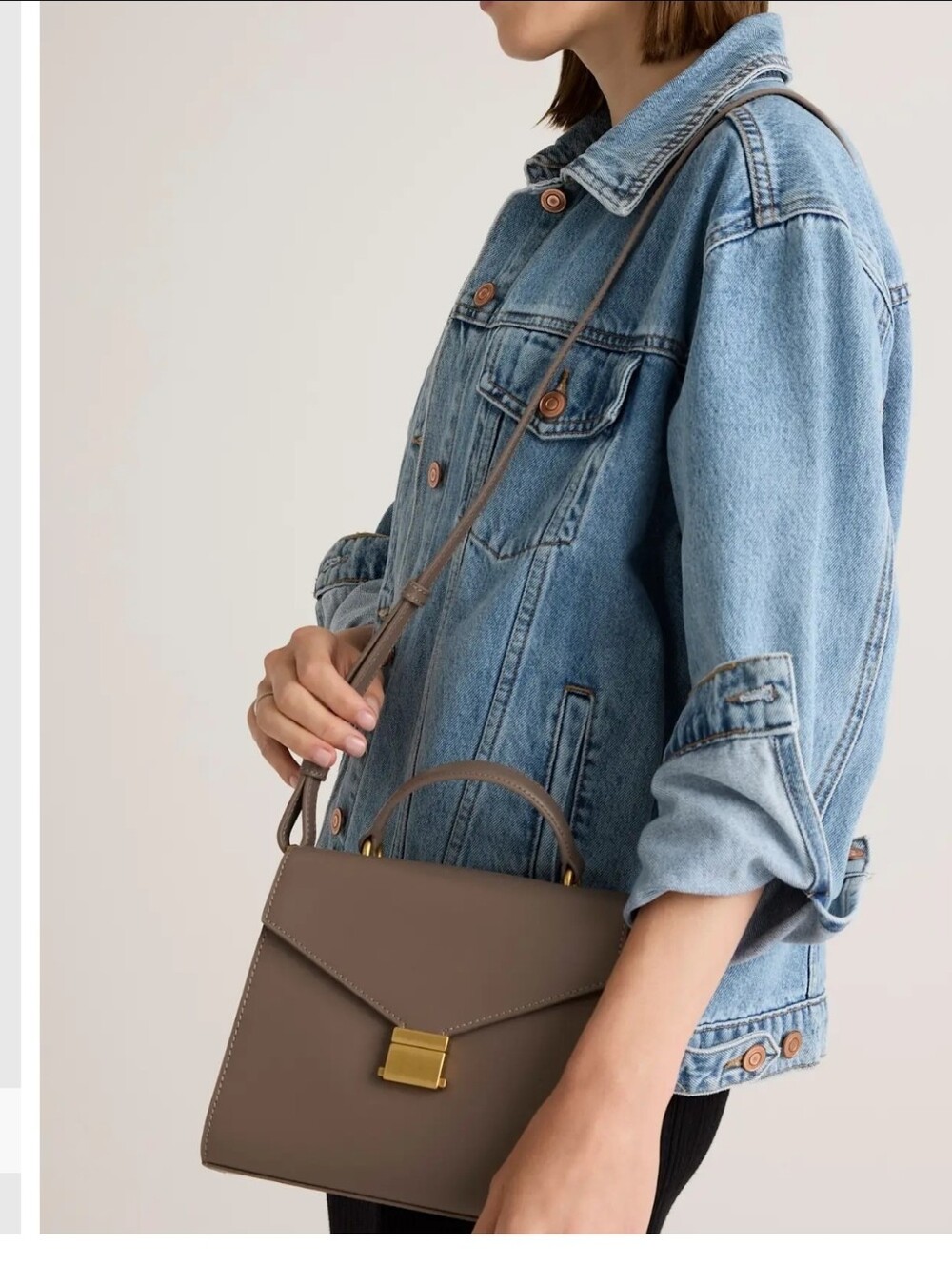Quince Small Handle Crossbody Satchel w/ Detachable Strap Taupe Gold Hardware - Picture 2 of 16